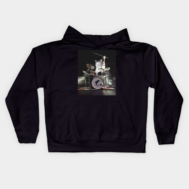 Drumming Drummer Cat Kids Hoodie by Random Galaxy